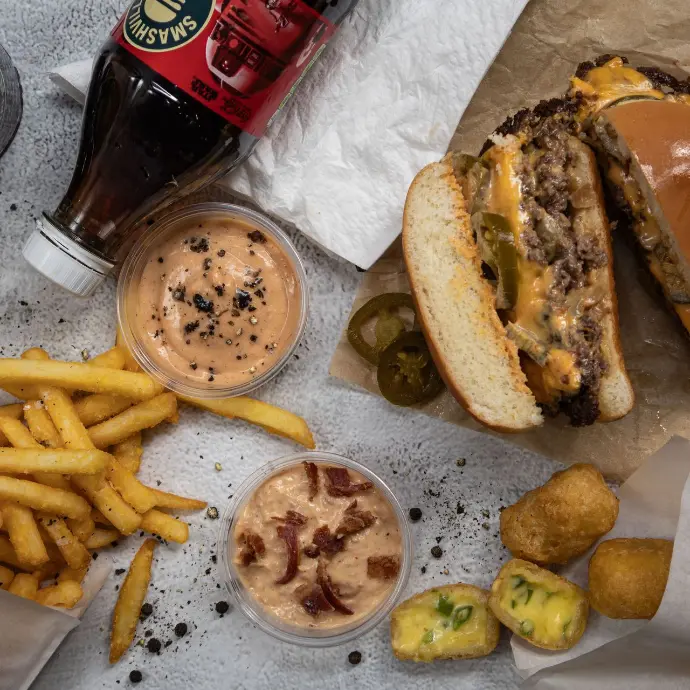 Burger, chipotle, crispy fries, chili cheese nuggets, baconnaise